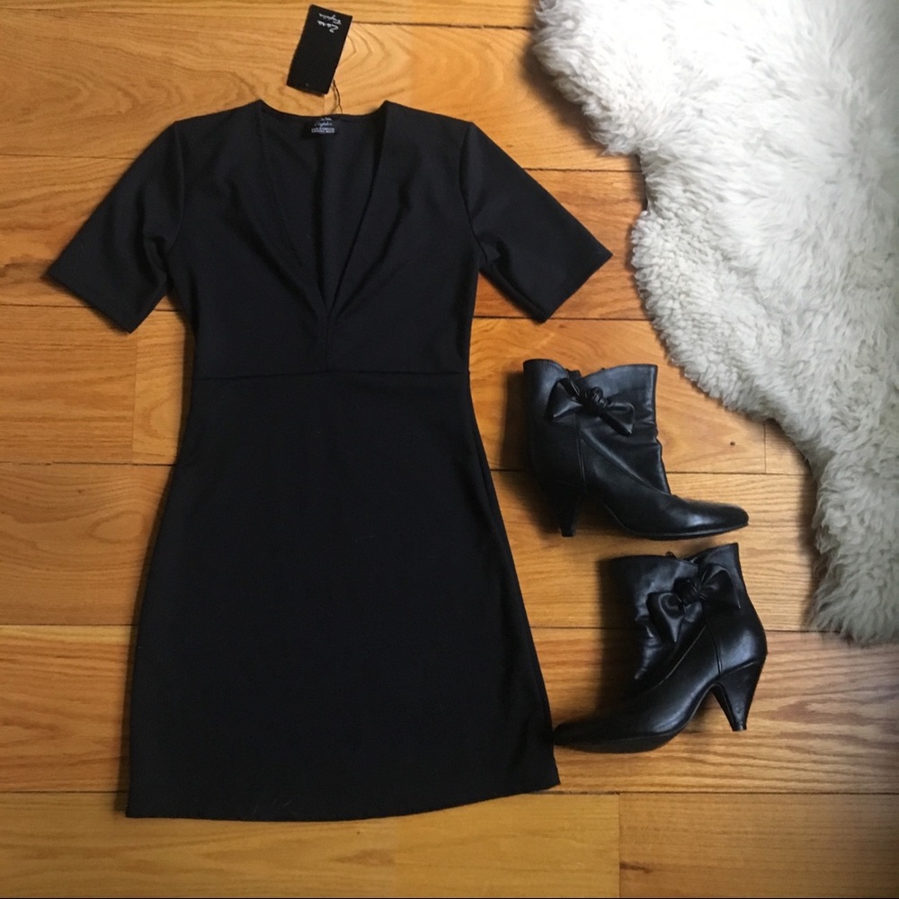 Black, deep V, body con dress